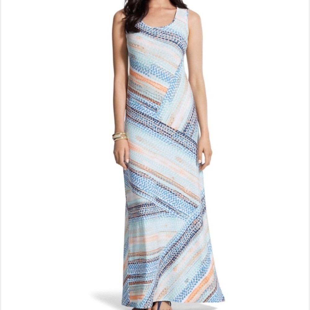 Chico's Maxi Dress Womens 2 Blue Teal Coral Abstract Dot Stripe Sleeveless USA